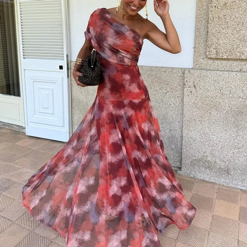 Sexy One Shoulder Sleeveless Pleated Long Dress Woman Spring Elegant Print Swing Party Dress Summer Backless Hollow Boho Dresses