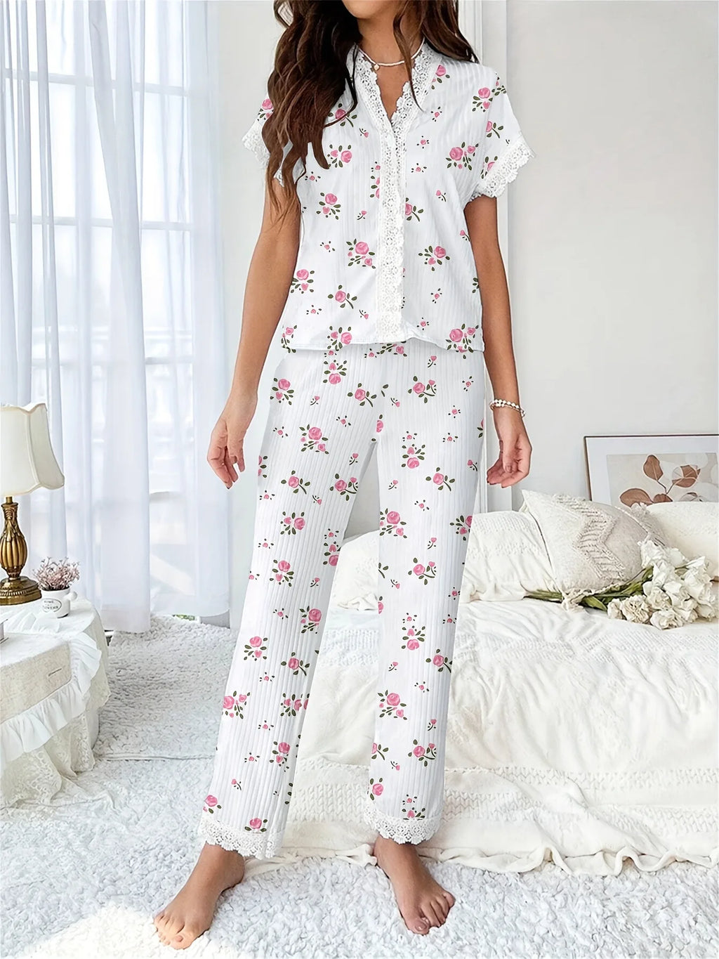 Early Spring Comfortable Pajamas Set with Floral Printed for Women Sleepwear Short Sleeve Top and Long Pants Homewear Loungewear