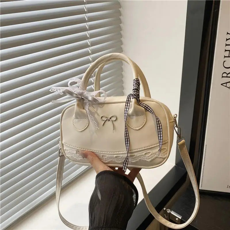 Simple Elegant Handbag Boston Shoulder bag Lace Ribbon Bow Decor Crossbody Bag Small Square Bag Casual Women Bags ﻿