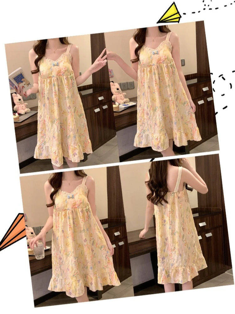 Sweet Lace Ruffle Sleepwear Woman Korean Fly Sleeves Summer Nightgown with Cheat Pad  V-neck Pajamas Dress Sleeping Home Clothes
