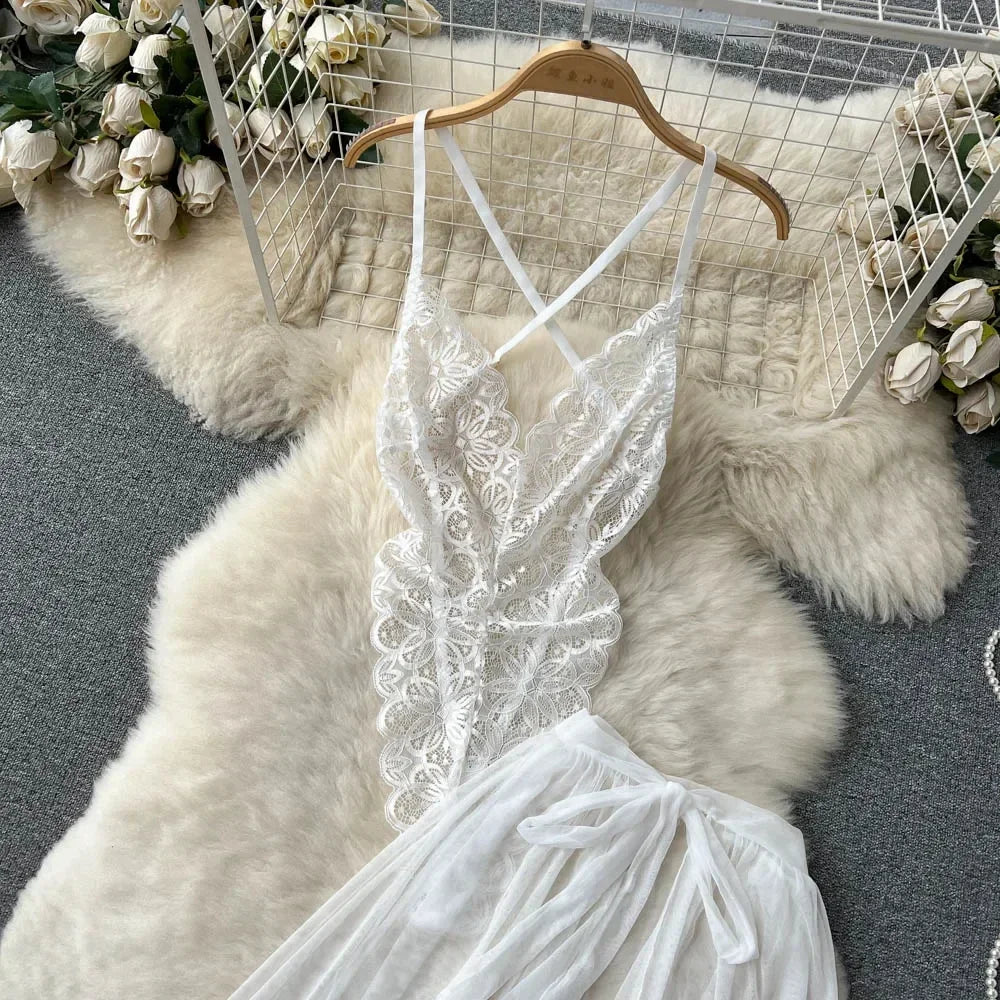 new Women's Multicolour Transpar Sexy Charming Flowing Mesh Long Skirt With Girls V-neck Lace Hollowed out Flower Top Two Pieces