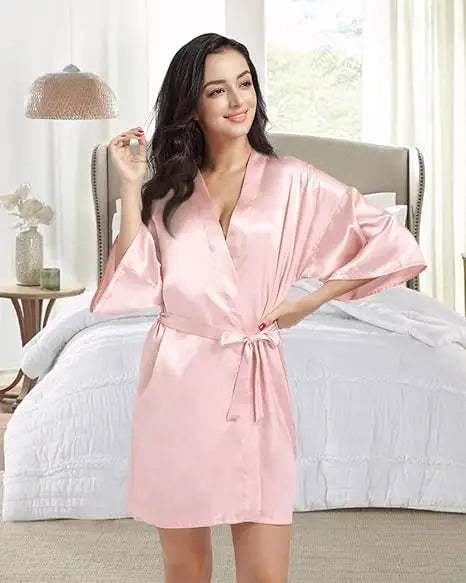 Women Silk Satin Short Night Robe Solid Kimono Robe Fashion Bath Robe Sexy Bathrobe Peignoir Femme Wedding Bride Bridesmaid Robe