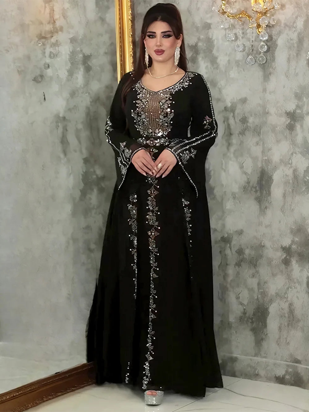 Ruffle Sleeve Chiffon Dresses Elegant Women Wedding Party Evening Gown African Dashiki Diamond Abaya Clothes Dubai Turkey Dress