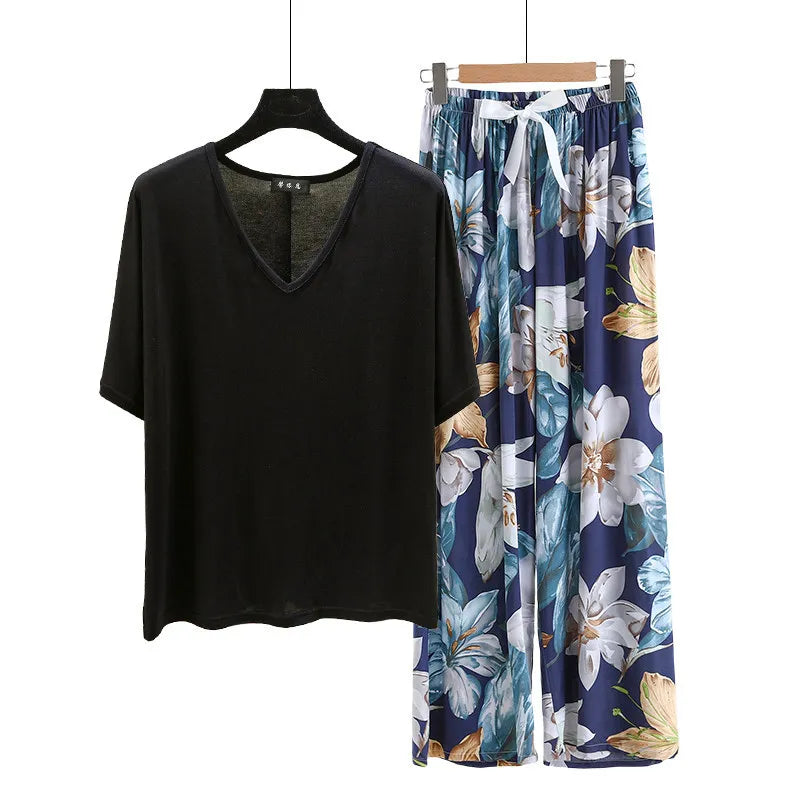 V Neck Tshirt with Poplin Floral wide leg pants summer cool pajamas sets Loose casual homewear suit Rayon Loungewear all match