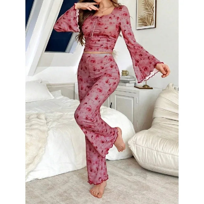 Women Pajama Sets Casual Pajamas Flower Print Long Sleeve High Waist Pants Loungewear Two-piece Set Can Be Worn Outside Pijamas