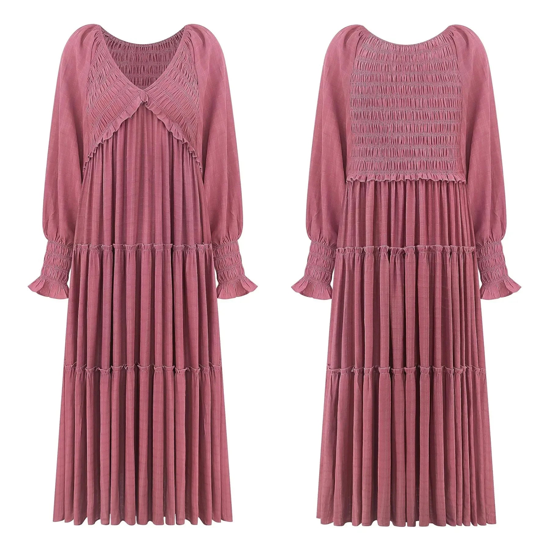 Long Dress Women Vintage V Neck Long Sleeve Dresses Loose Y2k High Waist Shirring Casual Summer Loose 2025 Elegant Slight Strech