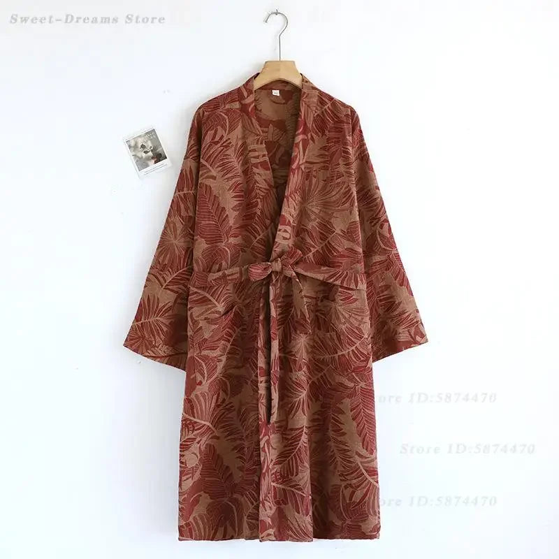Spring Summer Yukata Print Flower Cotton Robe Sleepwear Female Japanese Retro Kimono Bathrobe Loose Casual Home Dressing Gown