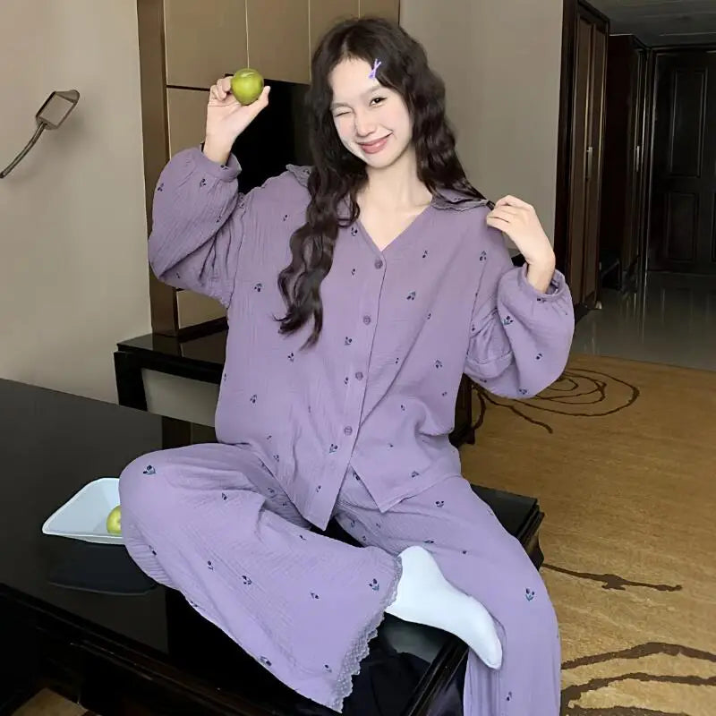 Cute Lapel Sweet Girl's Small Floral Pajama Spring New Elegant Women's Long Sleeved Pant Home Suit Set Comfortable Skin Friendly