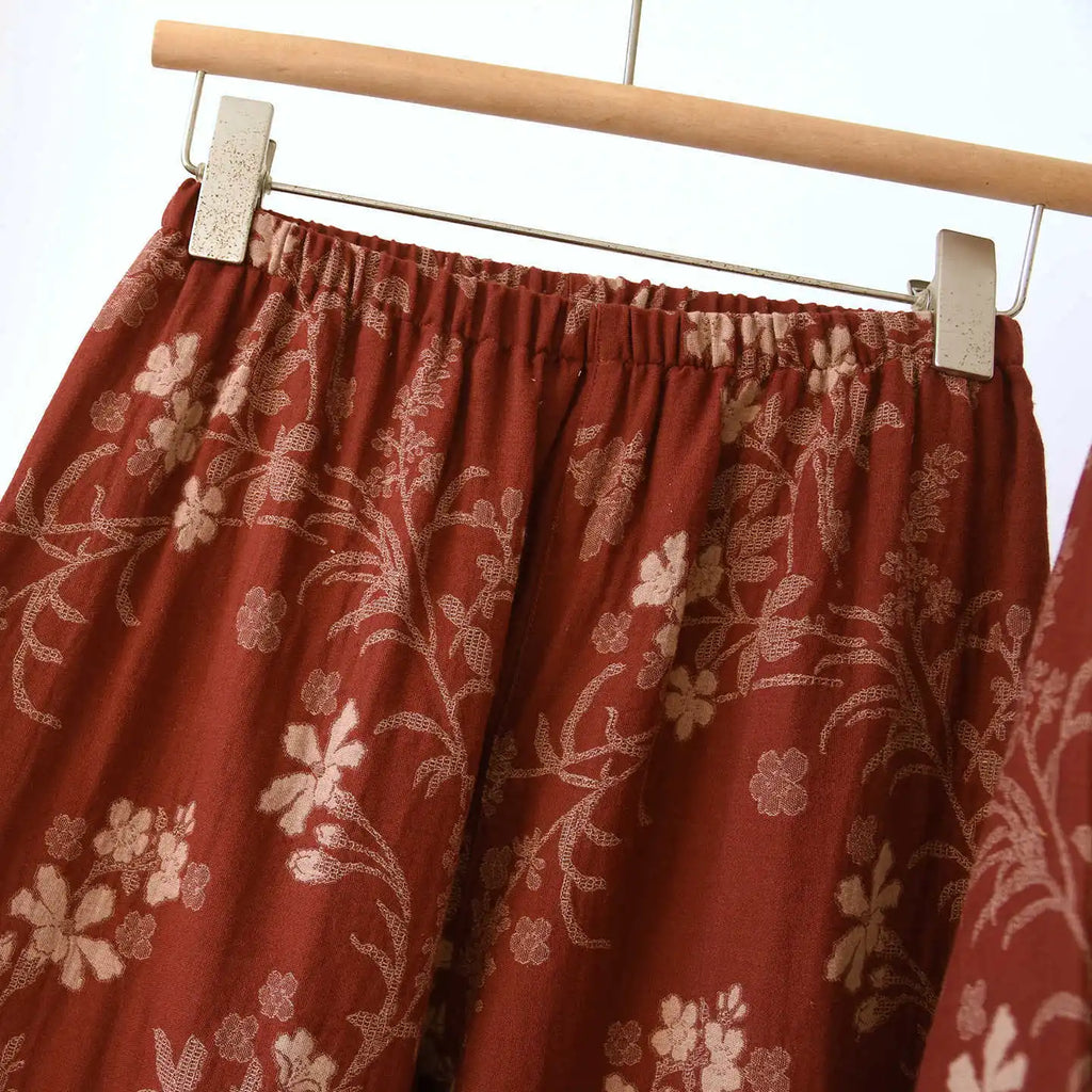 Round Neck Plum Blossom Printing Cotton Color Woven Homewear Women's Pajamas Set National Style Long Sleeve Long Trousers