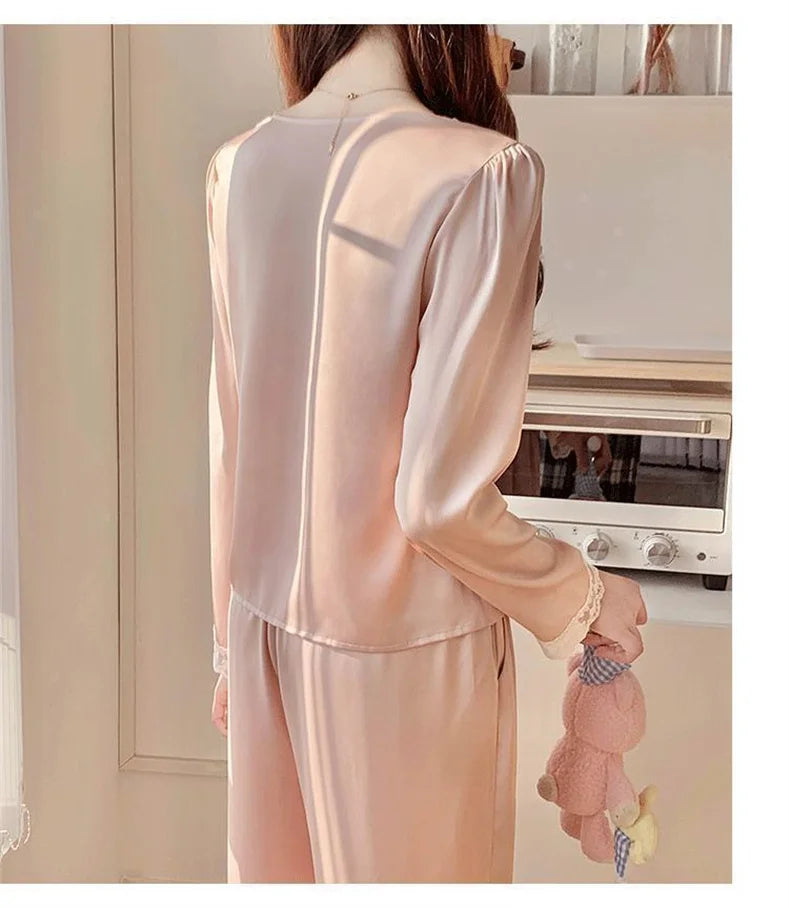 Two Piece Pajamas Set Women Satin Nightwear Home Clothes Spring Autumn Long Sleeve Shirt&pants Sleepwear Suit