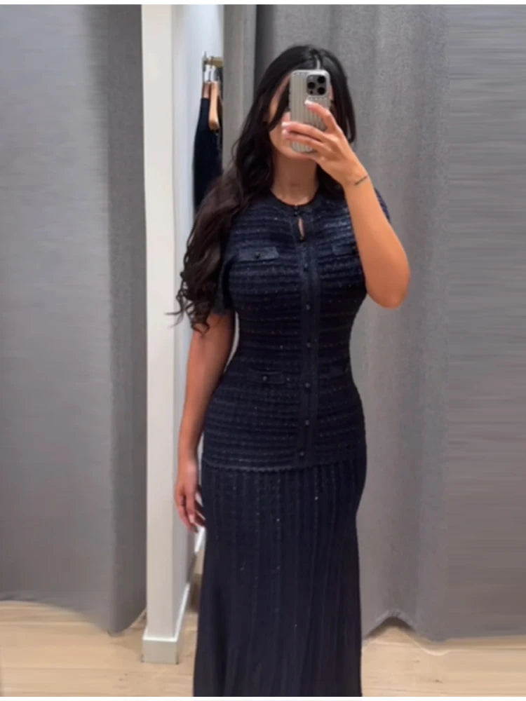 Cinched Waist Sequin Maxi Dress for Women Round Neck Short Sleeved Knitted Dresses 2026 NEW Hollow Out Single Breasted Midi Robe