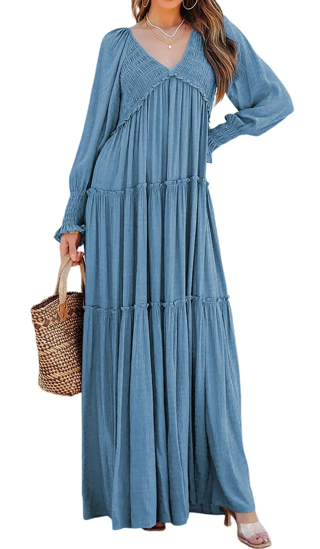 Long Dress Women Vintage V Neck Long Sleeve Dresses Loose Y2k High Waist Shirring Casual Summer Loose 2025 Elegant Slight Strech