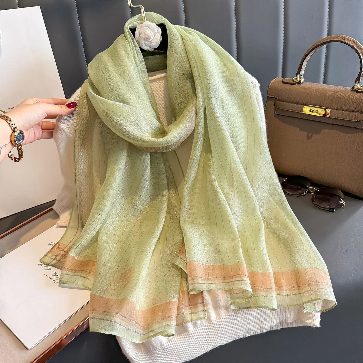 Luxury Long Scarf For Women Elegant Hijab For Travel Beach Soft Stain Neckerchief Shawl Solid Color Imitation Silk Scarves