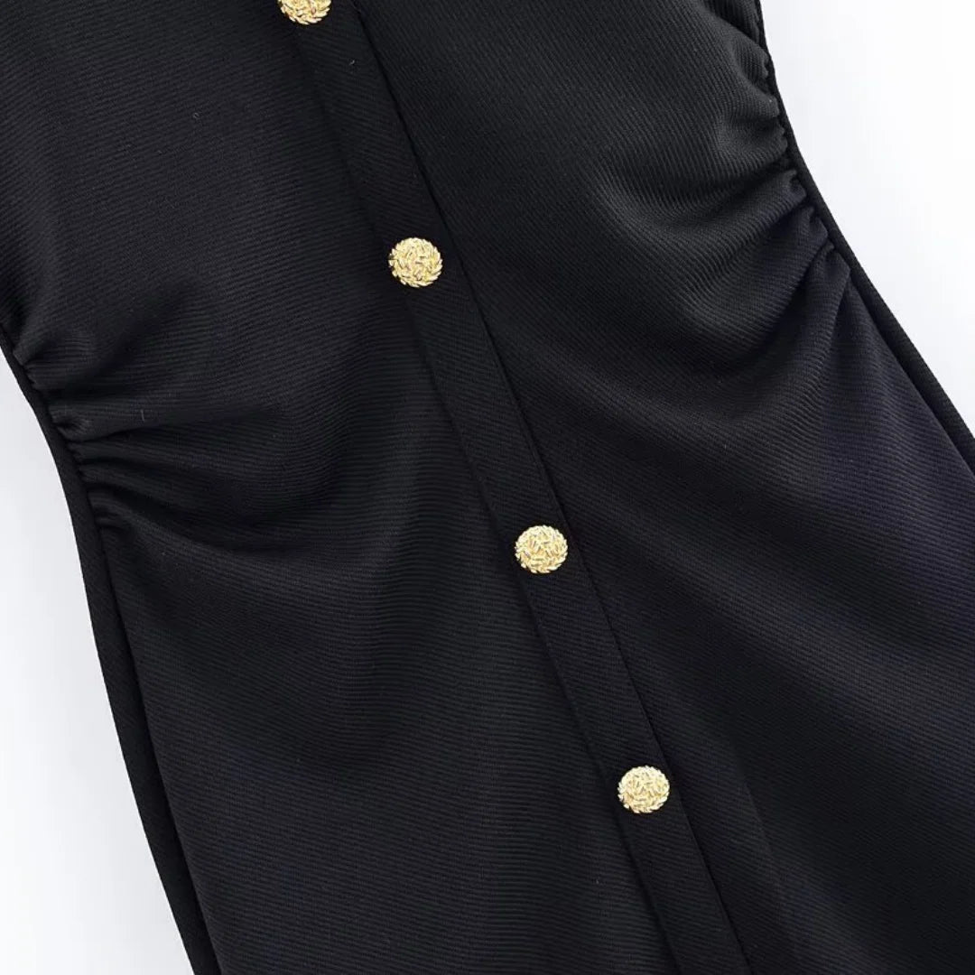 BSAY Dress for Women Fashion Summer New Fold Sleeveless V-neck Single Breasted Midi Dresses French Chic Female Evening Clothing