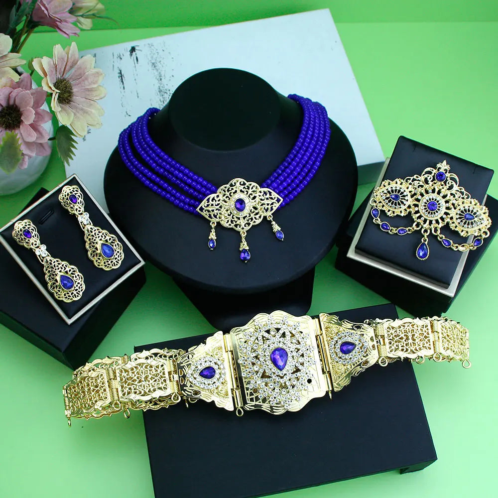 Sunspicems Morocco Bride Wedding Jewelry Sets For Women Gold Color Arabic Caftan Waist Belt Brooch Bead Choker Necklace Earrings
