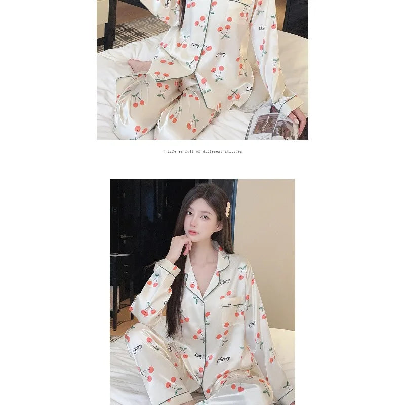 Sweet Cherry Print Satin Long Sleeve Pajama Set Soft Comfortable Loungewear for Women