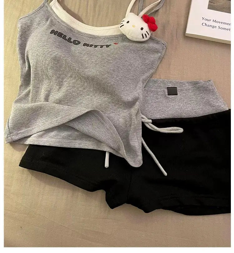 Cute Hello Kitty fake two-piece suspender shorts pajamas women's summer casual loungewear two-piece set can be worn outside