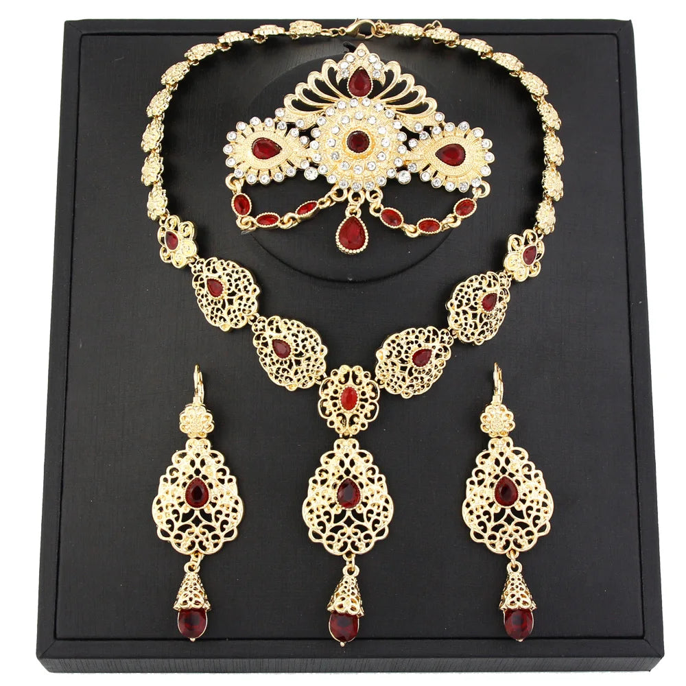 Sunspicems Chic Morocco Bride Jewelry Sets Gold Color Arabia Drop Earring Choker Necklace Caftan Brooch Sets 3Pcs Hollow Flower