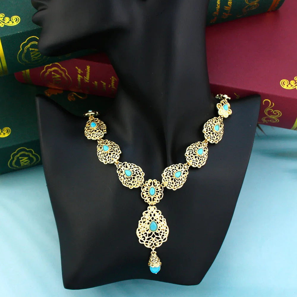 Sunspicems Charm Morocco Choker Necklace For Women Gold Color Droplet Crystal Necklace Hollow Arabesque Bride Wedding Jewelry