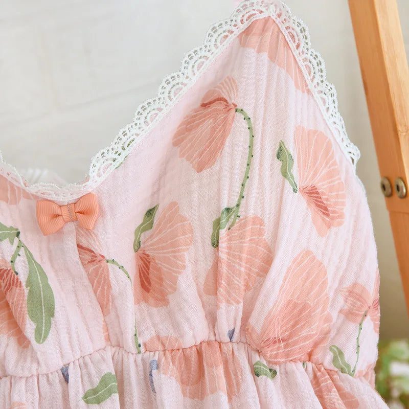 2026 New Summer Women's Pajama Set 100% Cotton Suspenders+Shorts with Chest Pads Two Piece Set of Ladies Flower Home Furnishings