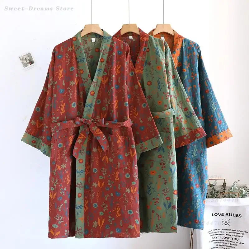 Spring Summer Yukata Print Flower Cotton Robe Sleepwear Female Japanese Retro Kimono Bathrobe Loose Casual Home Dressing Gown
