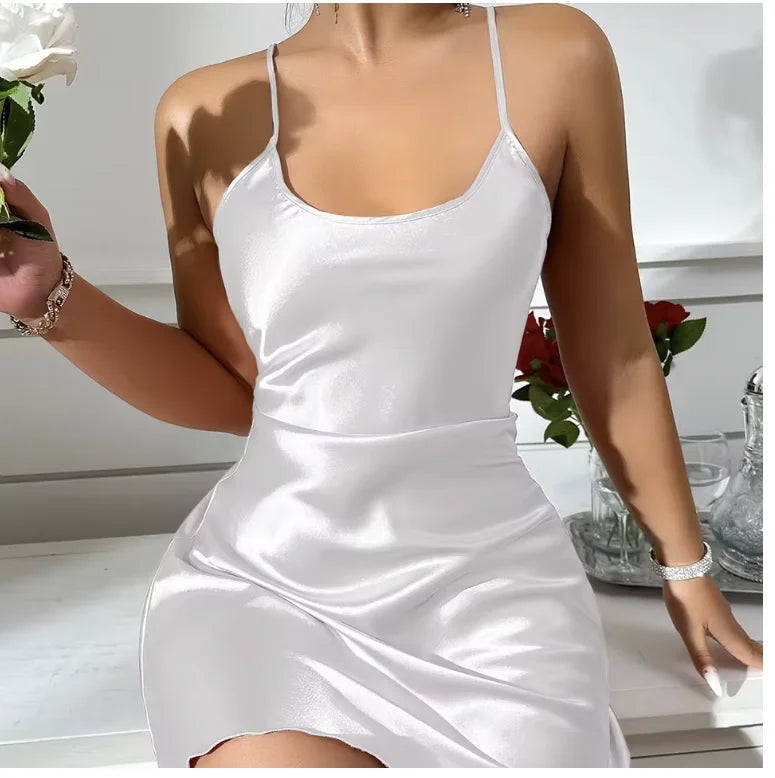Valentine's Day sexy backless ice silk slip dress summer pajamas short women's home dress simulation silk nightdress