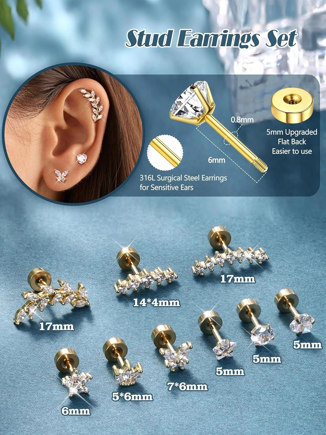 Bobisty Surgical Steel Cartilage Studs Earrings Hypoallergenic Earring Set Flat Back Helix Tragus Piercing Jewellery for Women