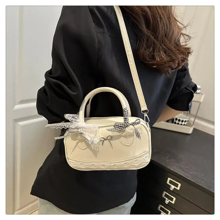 Simple Elegant Handbag Boston Shoulder bag Lace Ribbon Bow Decor Crossbody Bag Small Square Bag Casual Women Bags ﻿