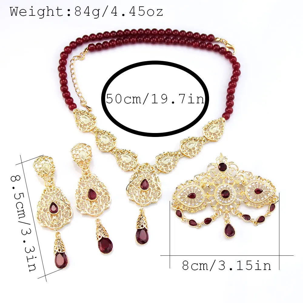 Sunspicems Gold Color Arabic Morocco Bridal Wedding Jewelry Sets Beads Necklace Waterdrop Pendant Long Earring Filigree Brooch