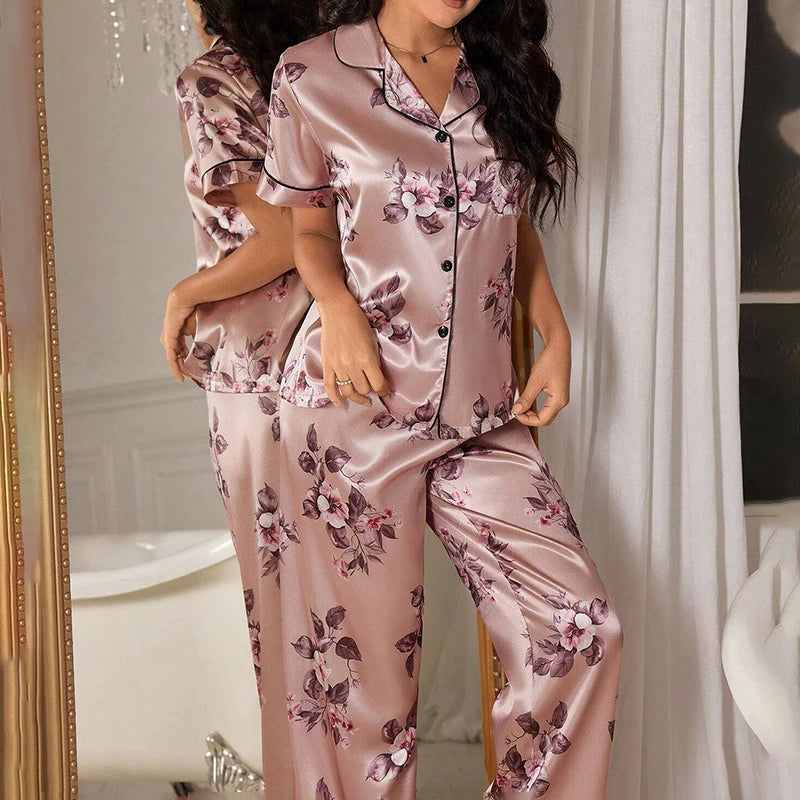 Women Pajamas Sets Spring Short Sleeve Satin Button-Down Top with Pants 2 Piece Pajama Set Sleepwear Pj Set Homewear Loungewear