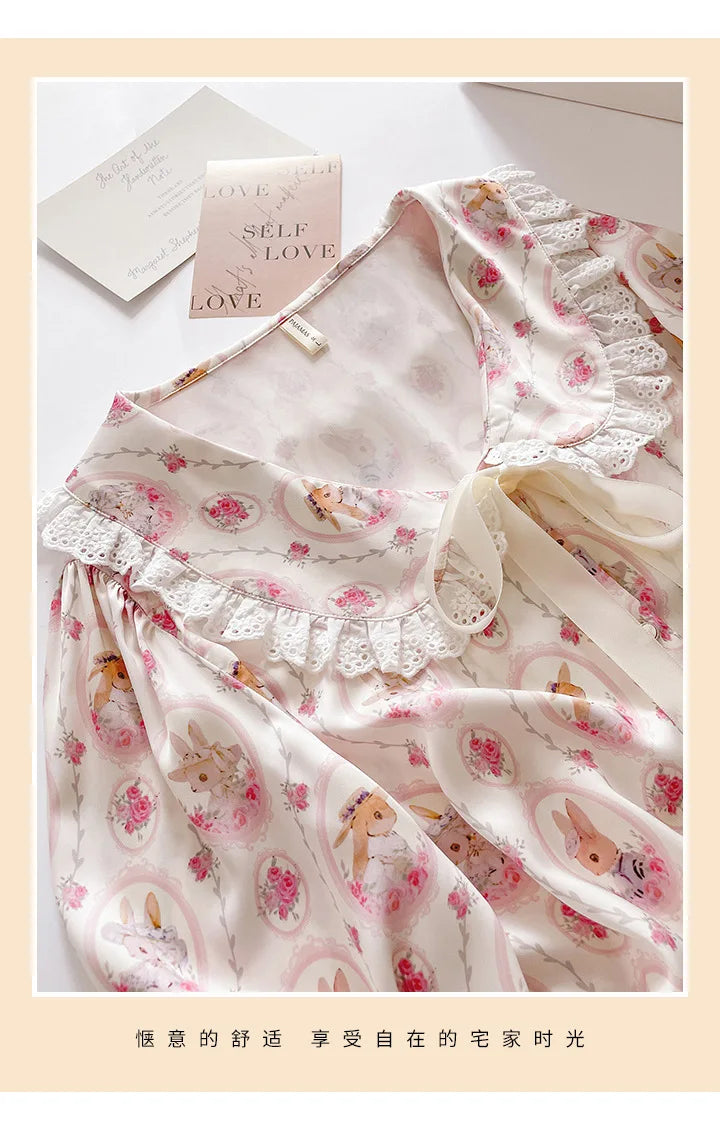 Long Sleeve 2PCS Pjs Trouser Suits Sweet Cute Print Cartoon Sleepwear Pyjama Pour Femme Spring Autumn New Satin Home Clothes