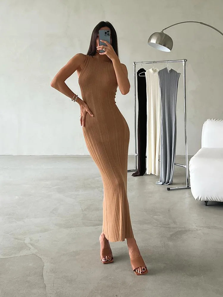 2025 Spring Sleeveless Knitwear Turtleneck Long Dress Female Slim Elegant Fashion Autumn Ribbed Knit Dress For Women Maxi Dress