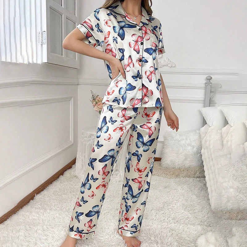 Women Pajamas Sets Spring Short Sleeve Satin Button-Down Top with Pants 2 Piece Pajama Set Sleepwear Pj Set Homewear Loungewear