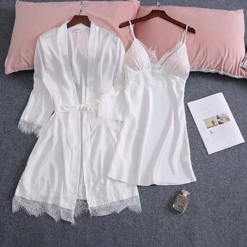2PCS Pajamas Set White Women V-Neck Sleepwear M-XL Lace Kimono Sexy Nightshirts Flower Nightwear Robe Gown Sleep Suit Nightgown