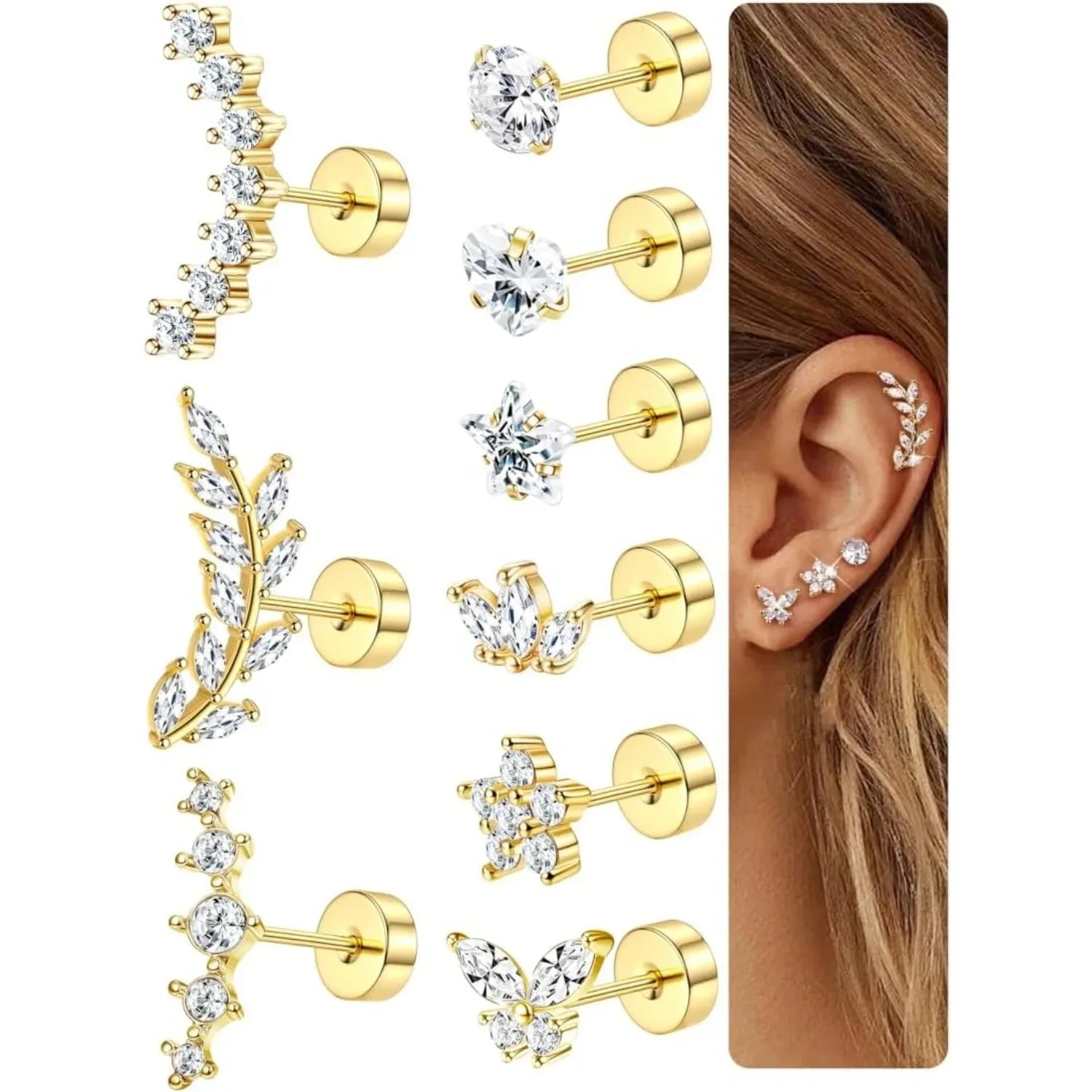Bobisty Surgical Steel Cartilage Studs Earrings Hypoallergenic Earring Set Flat Back Helix Tragus Piercing Jewellery for Women