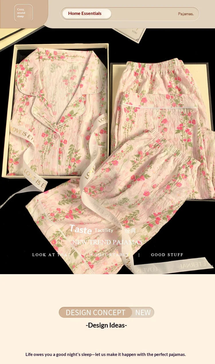 Spring/Summer Sweet & Cute Floral Cotton Pyjamas for Girls Three-Piece Homewear Set Student Casual Sleepwear Homewear Ensemble