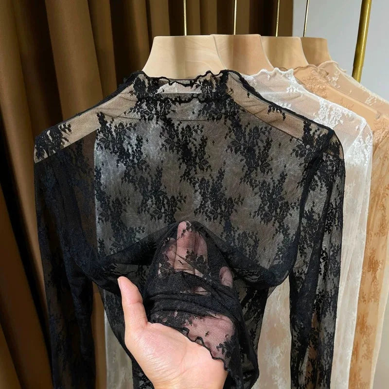 Sexy Floral Lace and Mesh Ruffle Nightgown Woman Sleep Tops Nightie Turtleneck Mesh Layering Top Y2k Floral Tee Shirts Blouse