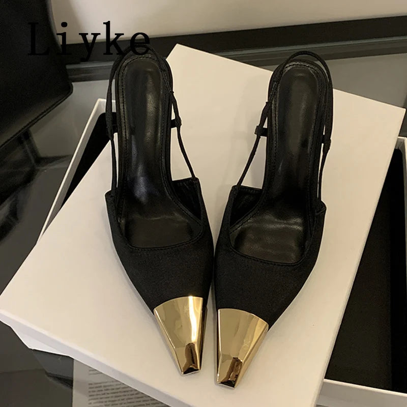 Liyke Sexy Slingback Sandal Female Design Metal Pointed Toe Stiletto High Heels Party Prom Shoes Women Pumps Zapatos Mujer