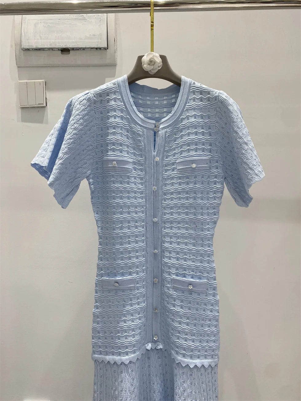 New summer single-breasted round neck knit crochet short-sleeved dress, high-quality and fashionable over-the-knee long skirt