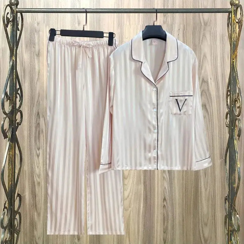 Women Striped Satin Pajama Set Autumn Cardigan Long Sleeve Pants Loose Casual Wear Fashion Classic Pink sleepcoat Two Piece Set