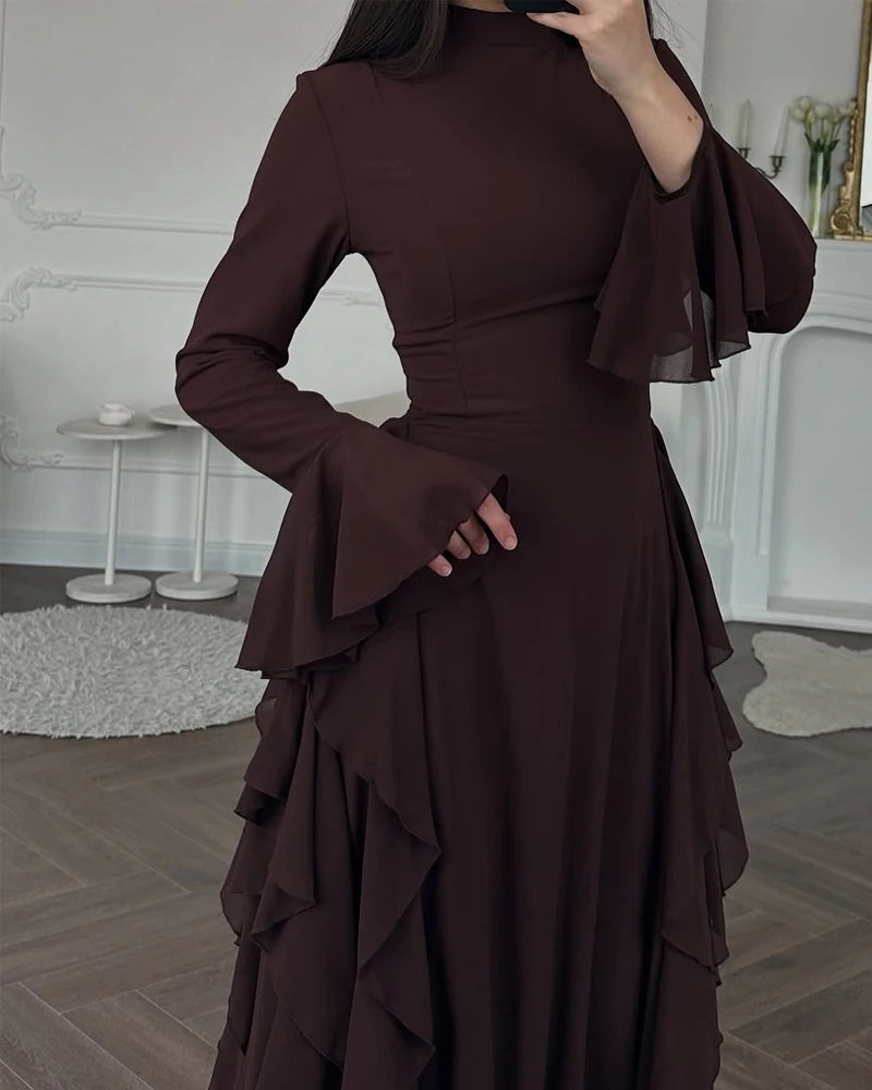 2025 European and American Women's Elegant Casual High-Waisted Solid-Colour Bell-Sleeve Dress Long Dress with Long Sleeves