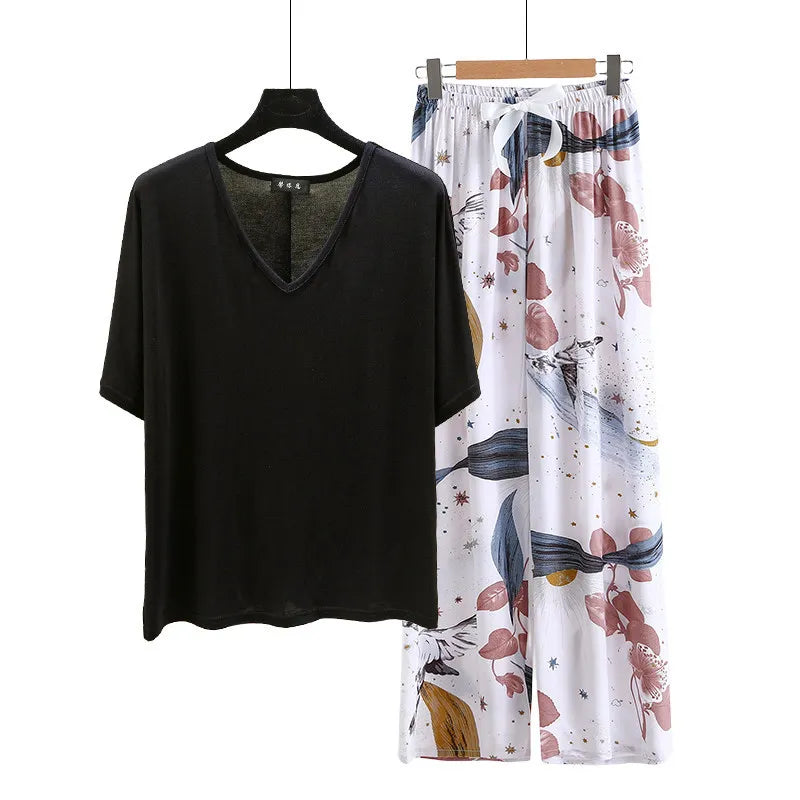 V Neck Tshirt with Poplin Floral wide leg pants summer cool pajamas sets Loose casual homewear suit Rayon Loungewear all match