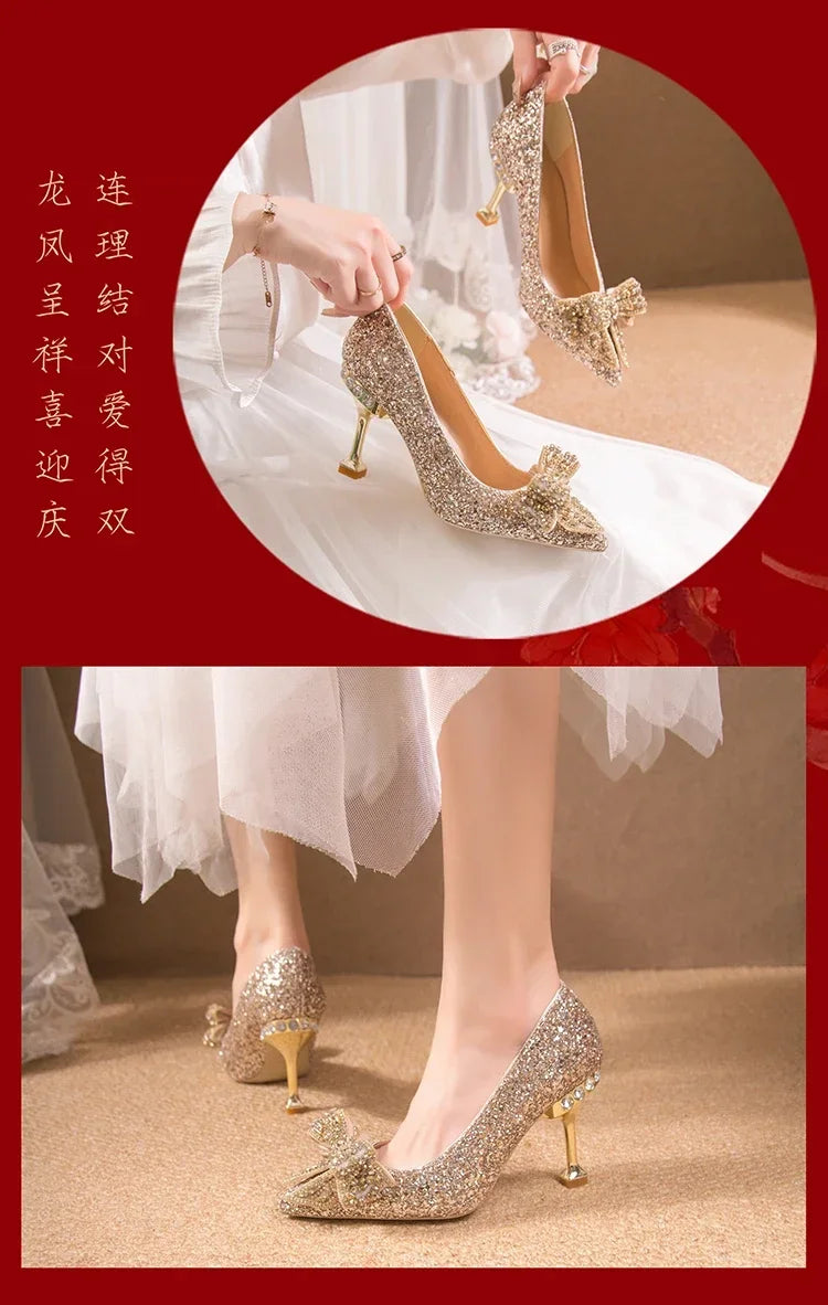 New  Women's Rhinestone Wedding Shoes Year Shoes Luxury Buckle Decorative Banquet Women's Shoes High Heels Gold Silver Red