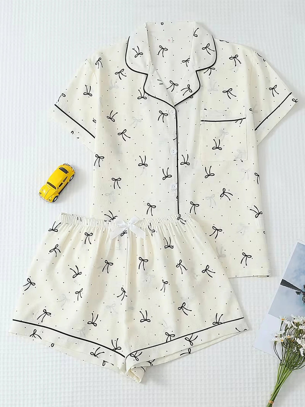 Loungewear Women Pajamas Cardigan Lapel Short Sleeve Shorts Two Piece Set Spring Summer Simple Cream Base Black Bow Polka Dot Lo