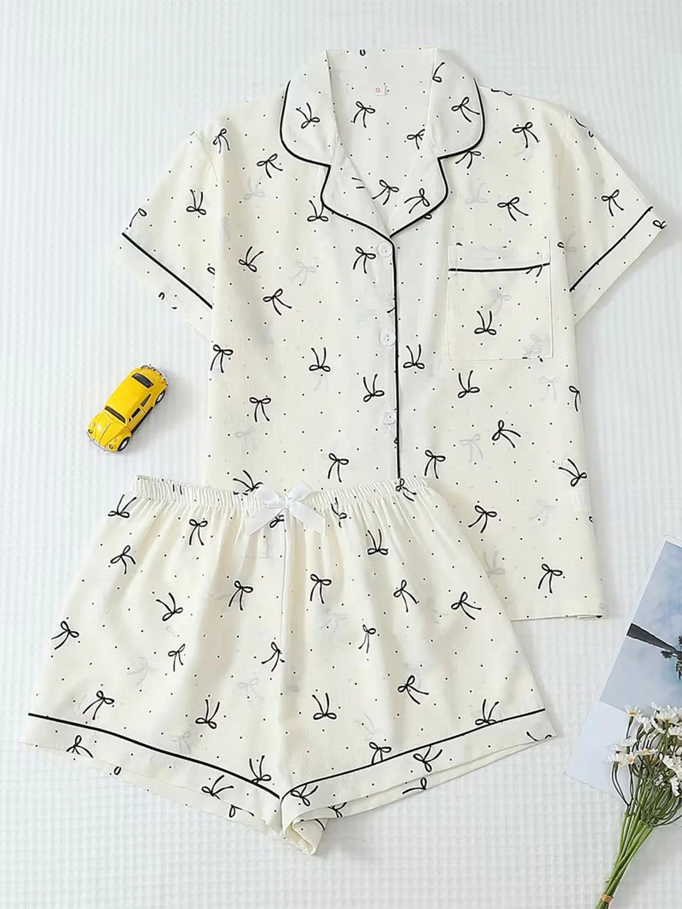 Loungewear Women Pajamas Cardigan Lapel Short Sleeve Shorts Two Piece Set Spring Summer Simple Cream Base Black Bow Polka Dot Lo