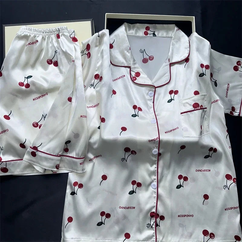 Sexy Women Satin Nightwear Plus Size Short Sleeve Cherry Print Sweet Rayon Sleepwear Top and Pants Shorts Girl Student Pajamas