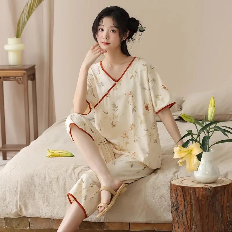 Gentle Floral Print Pajama Set Short Sleeve Top And Capri Pants Suit Vintage Women's Summer Sleepwear Loungewear Home Clothes