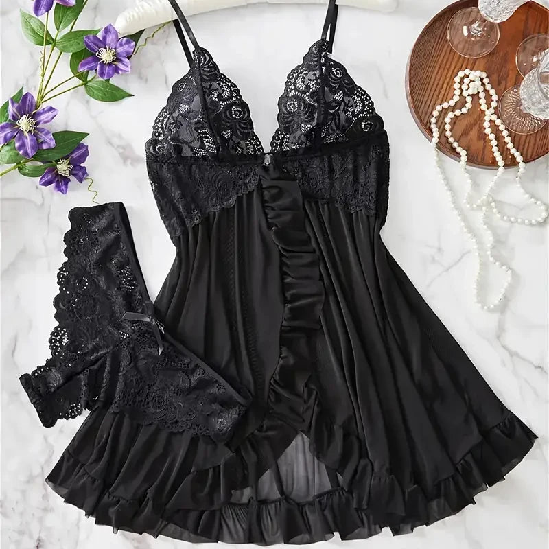 Transparent Lace Women Erotic Open Bra Blue Sling Nightgown Underpants Set Deep V Wedding Night Nightgown Sexy Lingerie Costumes