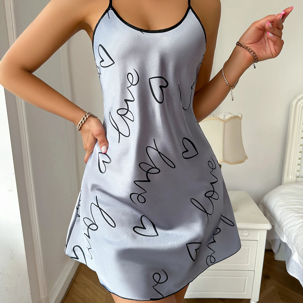 Women's Satin Nightdress, Heart & Floral Print Spaghetti Strap Sleep Dress, Casual Round Neck Sleepwear Slip
