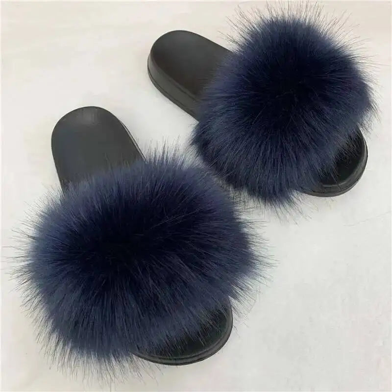 Ladies Fluffy Slippers Summer Women Faux Fur Soft Slides Stylish Open Toe Sandals Outdoor Indoor Furry Comfortable Beach Shoes